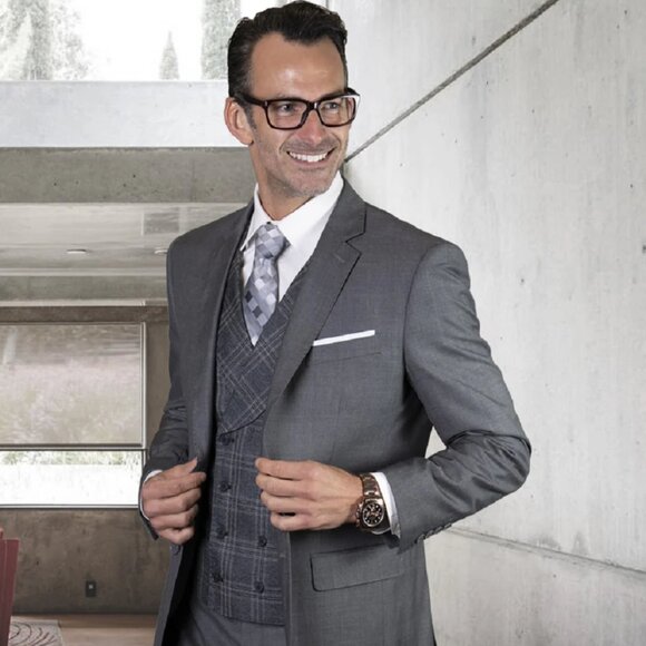 Mens Button Notch Lapel Wool Suit With Double Breasted Shawl